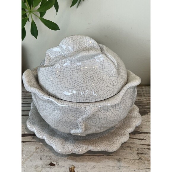 Vintage Set Of White Crackled Crazed Cabbage Leaf: Tureen, Creamer & Sugar Bowl - Picture 4 of 10